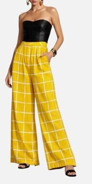 199 NWT Anthropologie Moon River Window Pane Wide Leg Palazzo Pants | Yellow | S